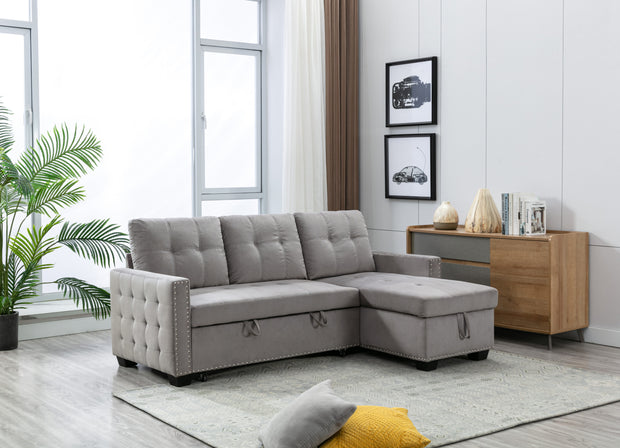 77 Inch Reversible Sleeper Sectional with Storage Chaise, Light Grey