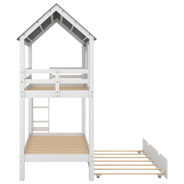 House Bunk Bed with Trundle,Roof and Windows,White