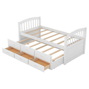 Twin over Twin Wood Bunk Bed with Trundle and Drawers,White