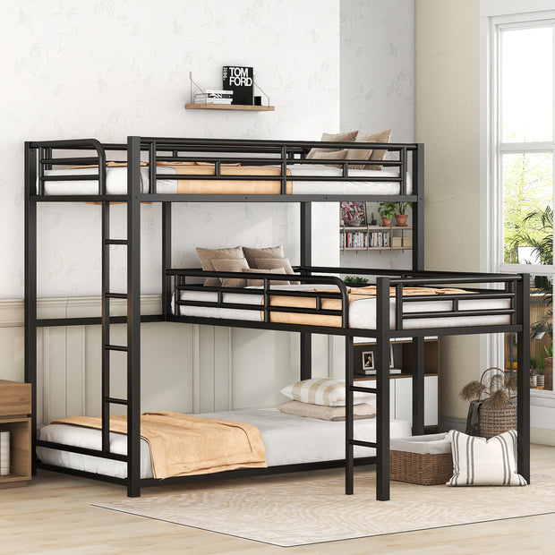 L-shaped Metal Triple Twin Size Bunk Bed, Black