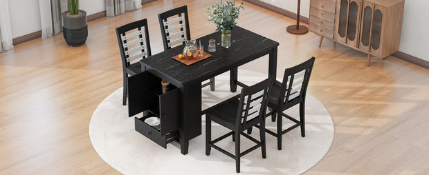 5 Piece Counter Height Dining Set with Faux Marble Tabletop, Solid Wood Table Set with Storage Cabinet and Drawer, Black