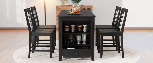 5 Piece Counter Height Dining Set with Faux Marble Tabletop, Solid Wood Table Set with Storage Cabinet and Drawer, Black