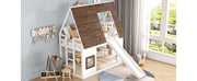 Wood Twin Size House Bunk Bed with Roof, Ladder and Slide, White+Brown