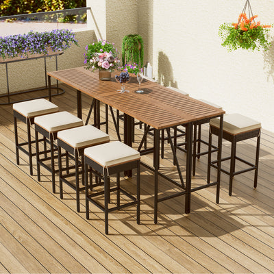 10-Piece Outdoor Acacia Wood Bar Height Table And Eight  Stools, PE Rattan Wicker Dining Table, Foldable Tabletop