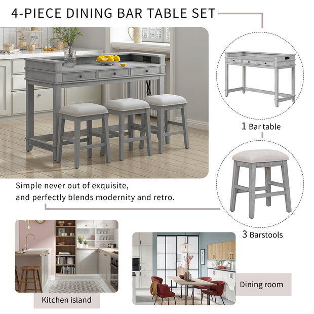 4-piece Dining Bar Set with 3 Upholstered Stools, Multifunctional Dining Table with 3 Drawers (Gray)