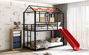 Twin Over Twin Metal Bunk Bed , House With Slide,Three Colors Available.(Black with Red Slide