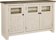 Ashley Bolanburg Two Tone Farmhouse TV Stand, Fits TVs up to 72", 3 Cabinets and Adjustable Storage Shelves