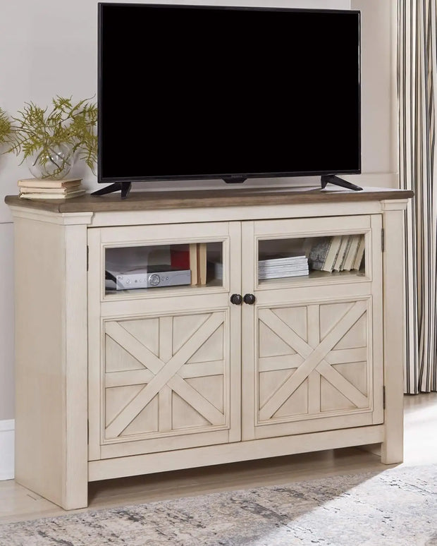 Ashley Bolanburg Two Tone Farmhouse TV Stand, Fits TVs up to 72", 3 Cabinets and Adjustable Storage Shelves