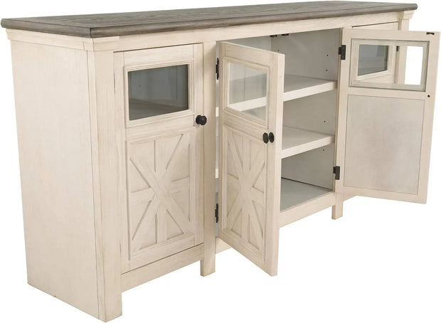 Ashley Bolanburg Two Tone Farmhouse TV Stand, Fits TVs up to 72", 3 Cabinets and Adjustable Storage Shelves