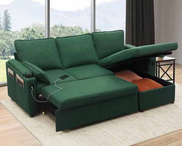 81” Convertible Sleeper Sectional with storage, USB Charger and Cup Holder-Multiple Colors