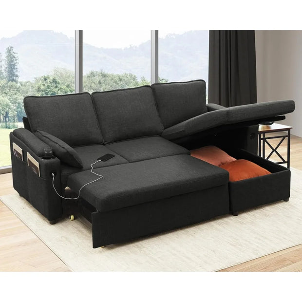 81” Convertible Sleeper Sectional with storage, USB Charger and Cup Holder-Multiple Colors