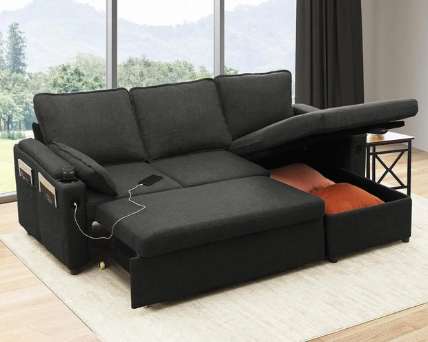 81” Convertible Sleeper Sectional with storage, USB Charger and Cup Holder-Multiple Colors