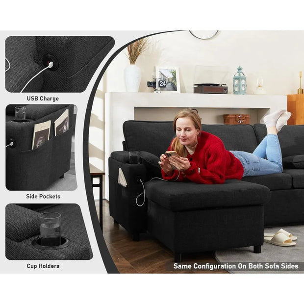 81” Convertible Sleeper Sectional with storage, USB Charger and Cup Holder-Multiple Colors