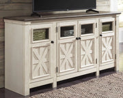 Ashley Bolanburg Two Tone Farmhouse TV Stand, Fits TVs up to 72", 3 Cabinets and Adjustable Storage Shelves