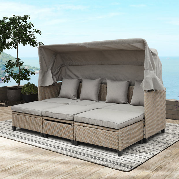 4 Piece UV-Proof Resin Wicker Outdoor Sofa Set with Retractable Canopy, Cushions and Lifting Table