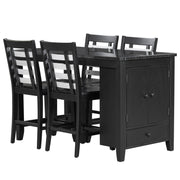 5 Piece Counter Height Dining Set with Faux Marble Tabletop, Solid Wood Table Set with Storage Cabinet and Drawer, Black