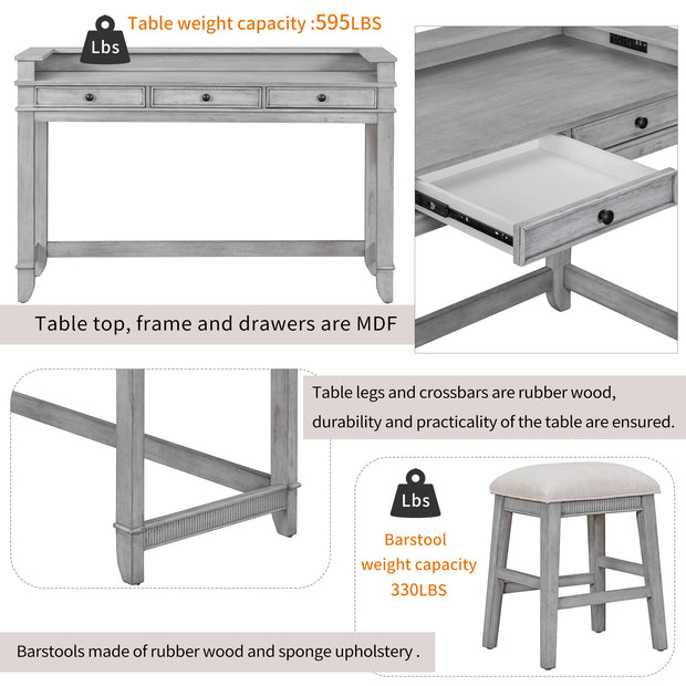 4-piece Dining Bar Set with 3 Upholstered Stools, Multifunctional Dining Table with 3 Drawers (Gray)