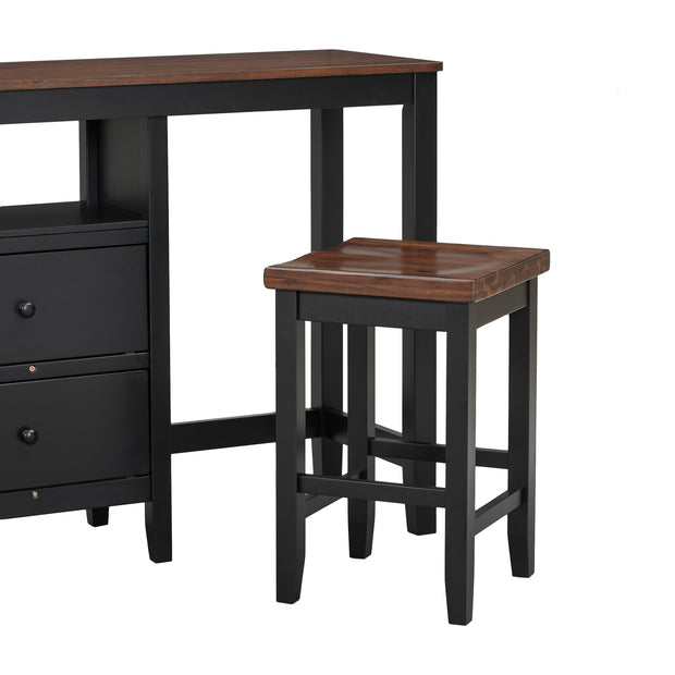 Farmhouse Rustic 3-piece Counter Height Wood Dining Set with Cabinet, 2 Storage Drawers, Black+Cherry