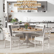 5-Piece Retro Dining Set, Wood Round Extendable Dining Table and 4 Upholstered Dining Chairs (Off White)