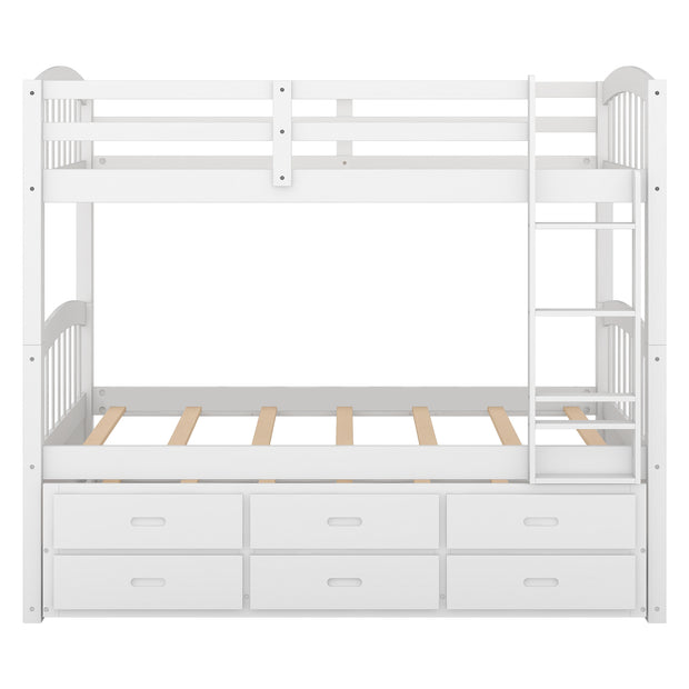 Twin over Twin Wood Bunk Bed with Trundle and Drawers,White