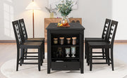 5 Piece Counter Height Dining Set with Faux Marble Tabletop, Solid Wood Table Set with Storage Cabinet and Drawer, Black