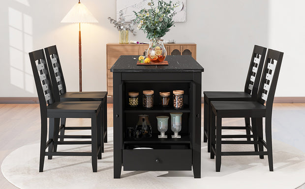 5 Piece Counter Height Dining Set with Faux Marble Tabletop, Solid Wood Table Set with Storage Cabinet and Drawer, Black