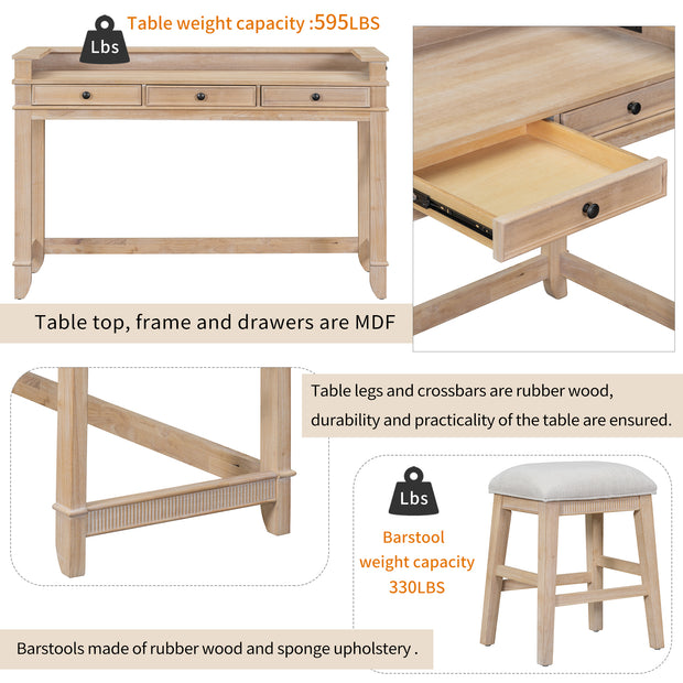 4-piece Dining Bar Set with 3 Upholstered Stools, Multifunctional Dining Table with 3 Drawers (Natural Wood Wash)