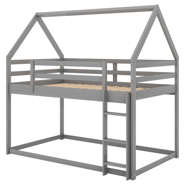 Twin over Twin Low Bunk Bed, House Bed with Ladder