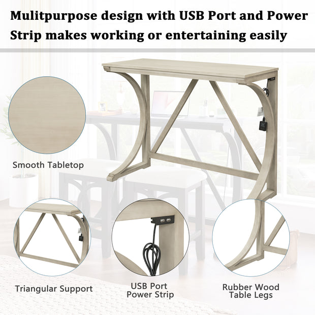 Farmhouse 3-Piece Counter Height Dining/Bar Set with USB Port and Upholstered Stools,Cream