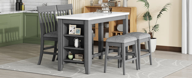 5-piece Counter Height Dining Table Set with Built-in Storage Shelves,Grey