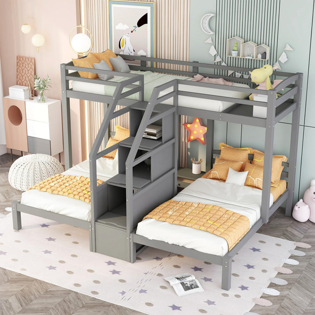 Twin over Twin & Twin Bunk Bed with Built-in Staircase and Storage Drawer,Gray