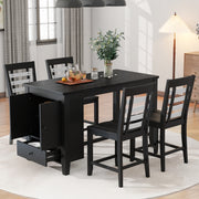 5 Piece Counter Height Dining Set with Faux Marble Tabletop, Solid Wood Table Set with Storage Cabinet and Drawer, Black