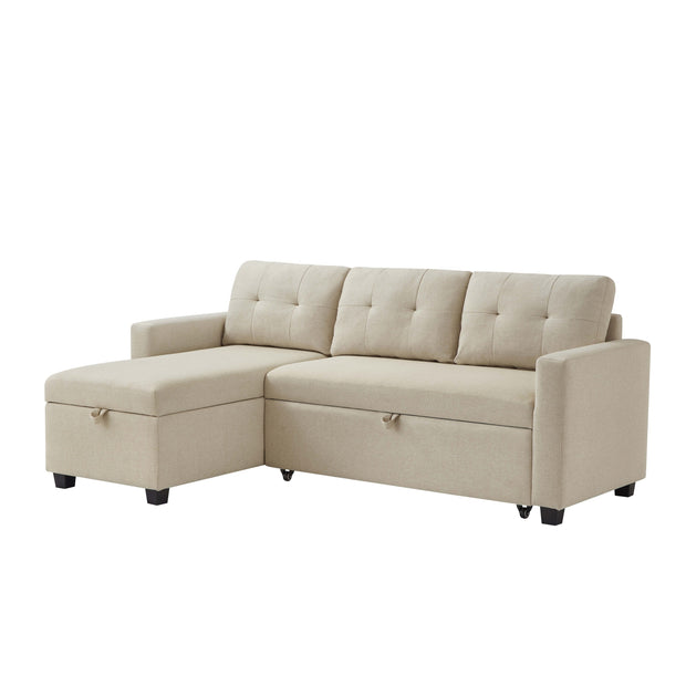 Convertible Sleeper Sectional Sofa with Storage Chaise, Beige