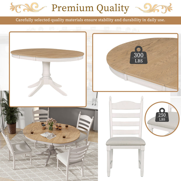 5-Piece Retro Dining Set, Wood Round Extendable Dining Table and 4 Upholstered Dining Chairs (Off White)