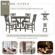 5-Piece Round Dining Set with Special-shaped Legs and an Exquisitely Designed Hollow Chair Back (Gray)