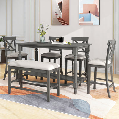 6-Piece Counter Height Dining Set. Table with Shelf 4 Chairs and Bench (Gray)