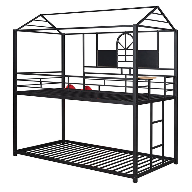 Twin Over Twin Metal Bunk Bed , House With Slide,Three Colors Available.(Black with Red Slide