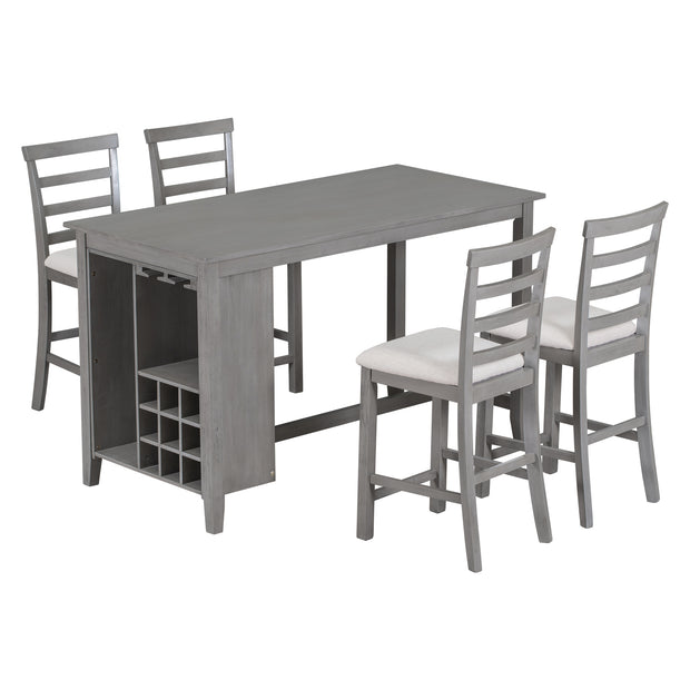 5-Piece Multi-Functional Rubberwood Counter Height Dining Set with Padded  Chairs and Integrated 9 Bar Wine  Compartment, Wineglass Holders  (Gray)