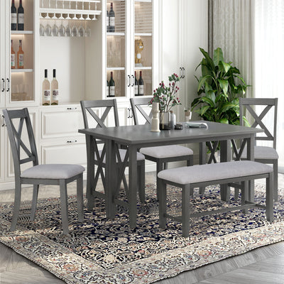 6-Piece Dining  Set Solid Wood Space Saving Foldable Table and 4 Chairs with Bench  (Gray)