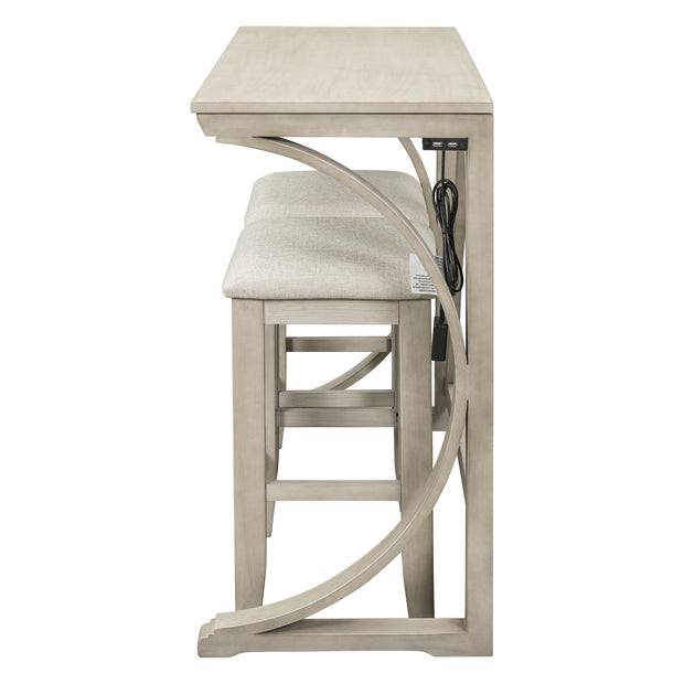 Farmhouse 3-Piece Counter Height Dining/Bar Set with USB Port and Upholstered Stools,Cream