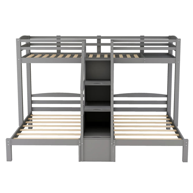 Twin over Twin & Twin Bunk Bed with Built-in Staircase and Storage Drawer,Gray