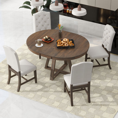 5-Piece Retro Dining Set, Round Table with a 16"W Leaf and 4 Upholstered  Chairs  (Walnut)