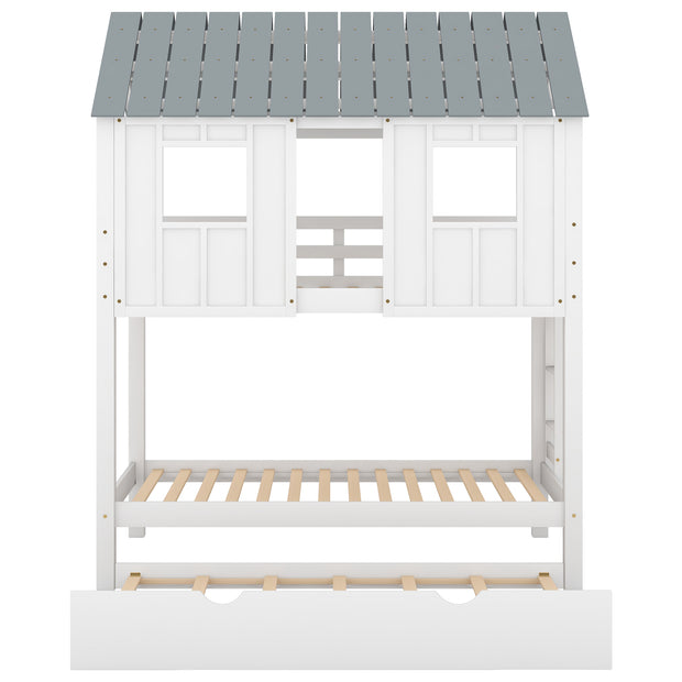 House Bunk Bed with Trundle,Roof and Windows,White