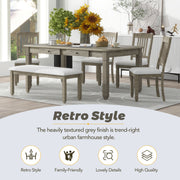 6-Piece Retro 72'L Wood Dining Set with 4 Drawers , 4 Upholstered Chairs & 1 Bench (Grey)