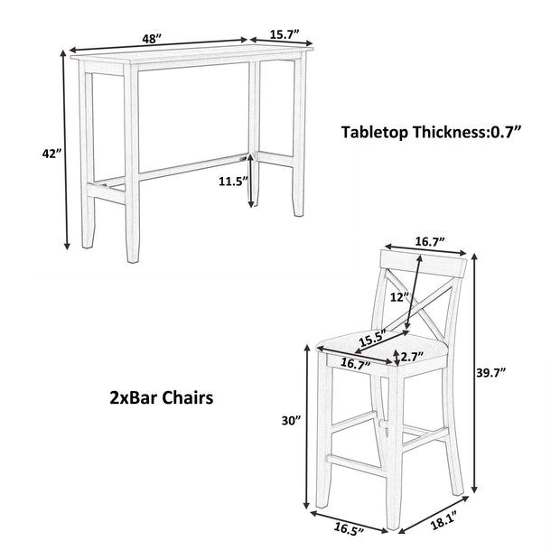 Farmhouse 48"Rectangular Wood Bar Height Dining Set with 2 Chairs, Cherry+White