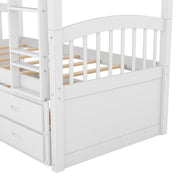 Twin over Twin Wood Bunk Bed with Trundle and Drawers,White