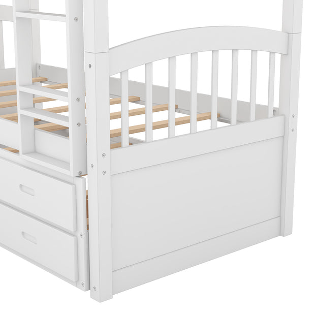 Twin over Twin Wood Bunk Bed with Trundle and Drawers,White