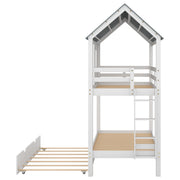 House Bunk Bed with Trundle,Roof and Windows,White