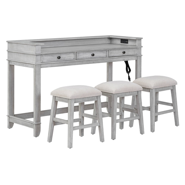 4-piece Dining Bar Set with 3 Upholstered Stools, Multifunctional Dining Table with 3 Drawers (Gray)