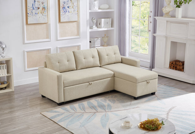 Convertible Sleeper Sectional Sofa with Storage Chaise, Beige